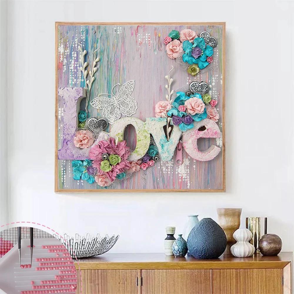 

Набор для алмазной вышивки «цветы» HUACAN, полноразмерная Мозаика из круглых страз «сделай сам», надпись «Love», стразы