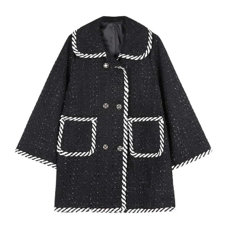 Возможно у женская черная твидовая двубортная Лоскутная Верхняя одежда на