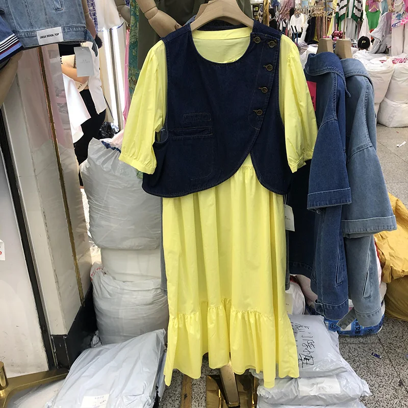 

European Style Two-Piece Suit 2021 Summer New Sleeveless Denim Vest+Loose Short Sleeve Simple Dress Women Fashion Dress Sets