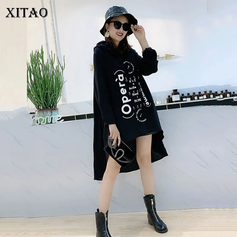 Женское асимметричное платье XIATO свободное с капюшоном и длинным рукавом