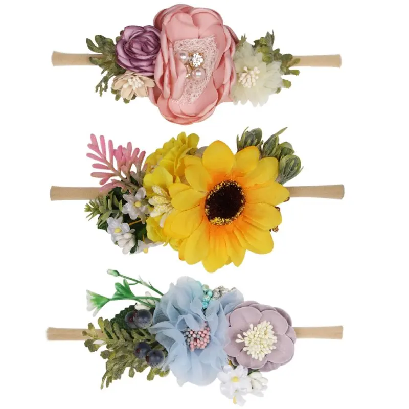IBOWS Hair Accessories Lovely Baby Headband Fake Flower Nylon Hair Bands For Kids Artificial Floral Elastic Head Bands Headwear