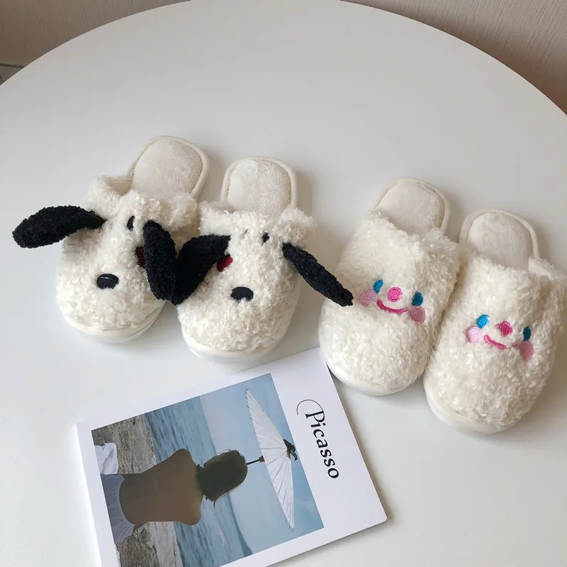 

Cute joker Plush Slippers for Men Women dog embroidery Slippers Soft Comfortable White winter Slipper Ladies House Slippers