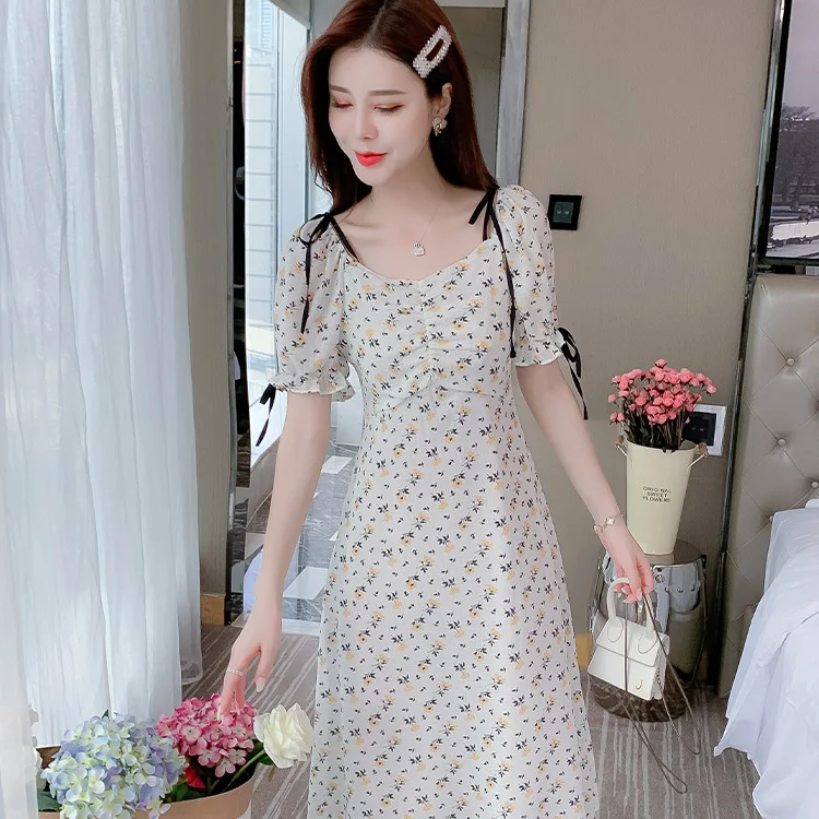 

Women's Floral Printed Long Dress French Style V Neck Lace up Short Sleeved High Waist Slim Style Dress for Summer Prom LXH