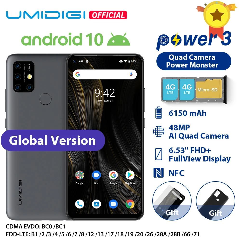 UMIDIGI power 3 48MP Quad AI камера 6150mAh Android 10 6,5" FHD+ 4GB64GB NFC мобильный телефон с тремя слотами 10W быстрая обратная зарядка