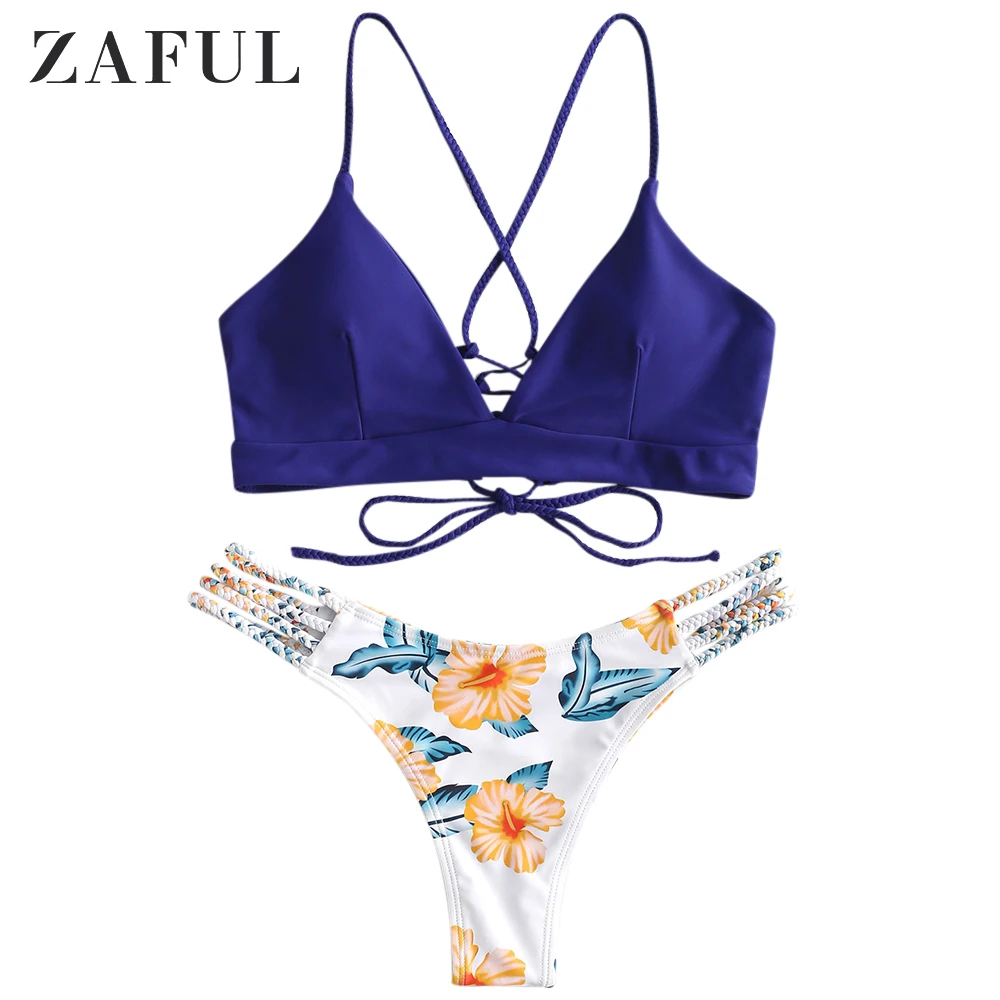 Denim Dark Blue ZAFUL Плетеный комплект бикини на бретельках с цветочным узором, без проволоки, на шнуровке, низкая эластичная талия, купальник для женщин, летний комплект из 2 предметов - Цвет: Denim Dark Blue