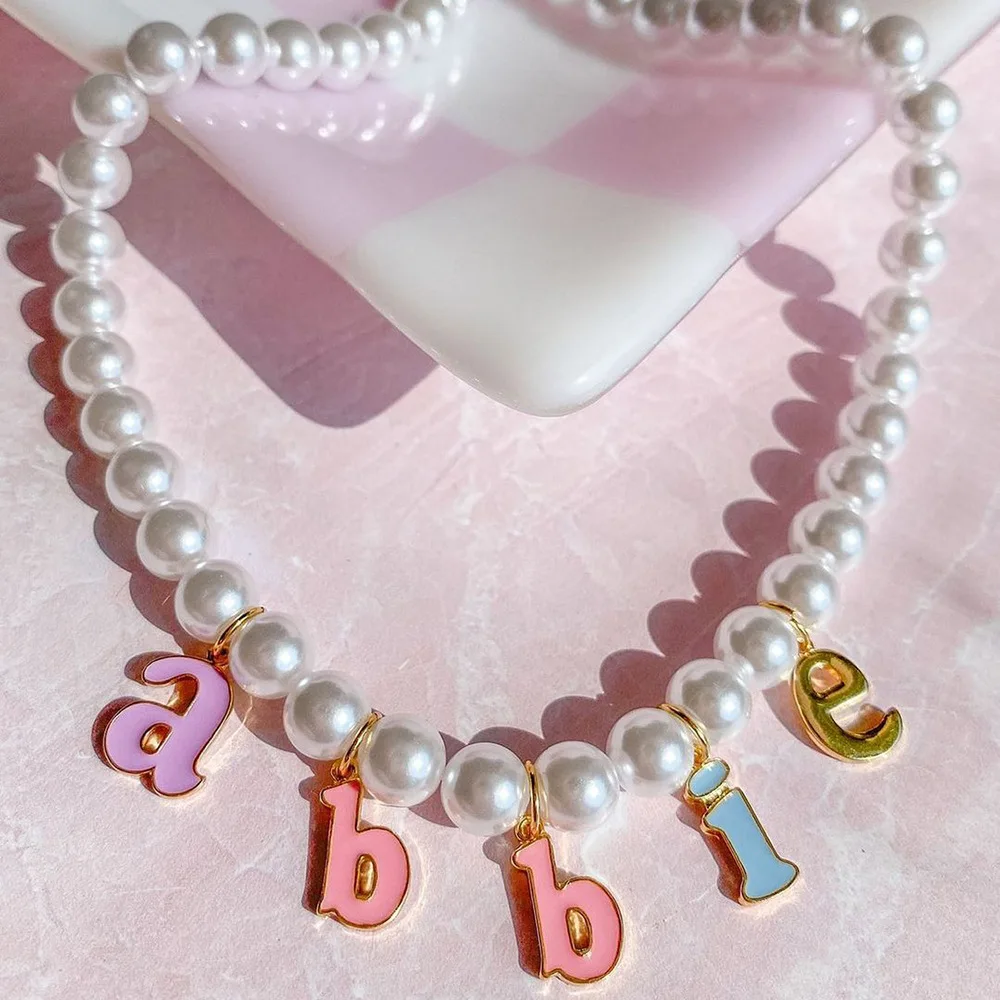 

QIMING Harajuku Letter Abbie Choker Necklace For Women Girls Party Jewelry Colorful Pendant Pearl Necklace Dropship