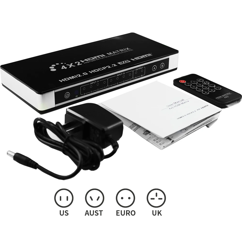 HDMI 2,0 Matrix 4X2 4K 60hz HDR HDCP 2,2 HDMI matrix 4 in 2 out Switcher splitter box с toslink цифровым аудио и стерео аудио