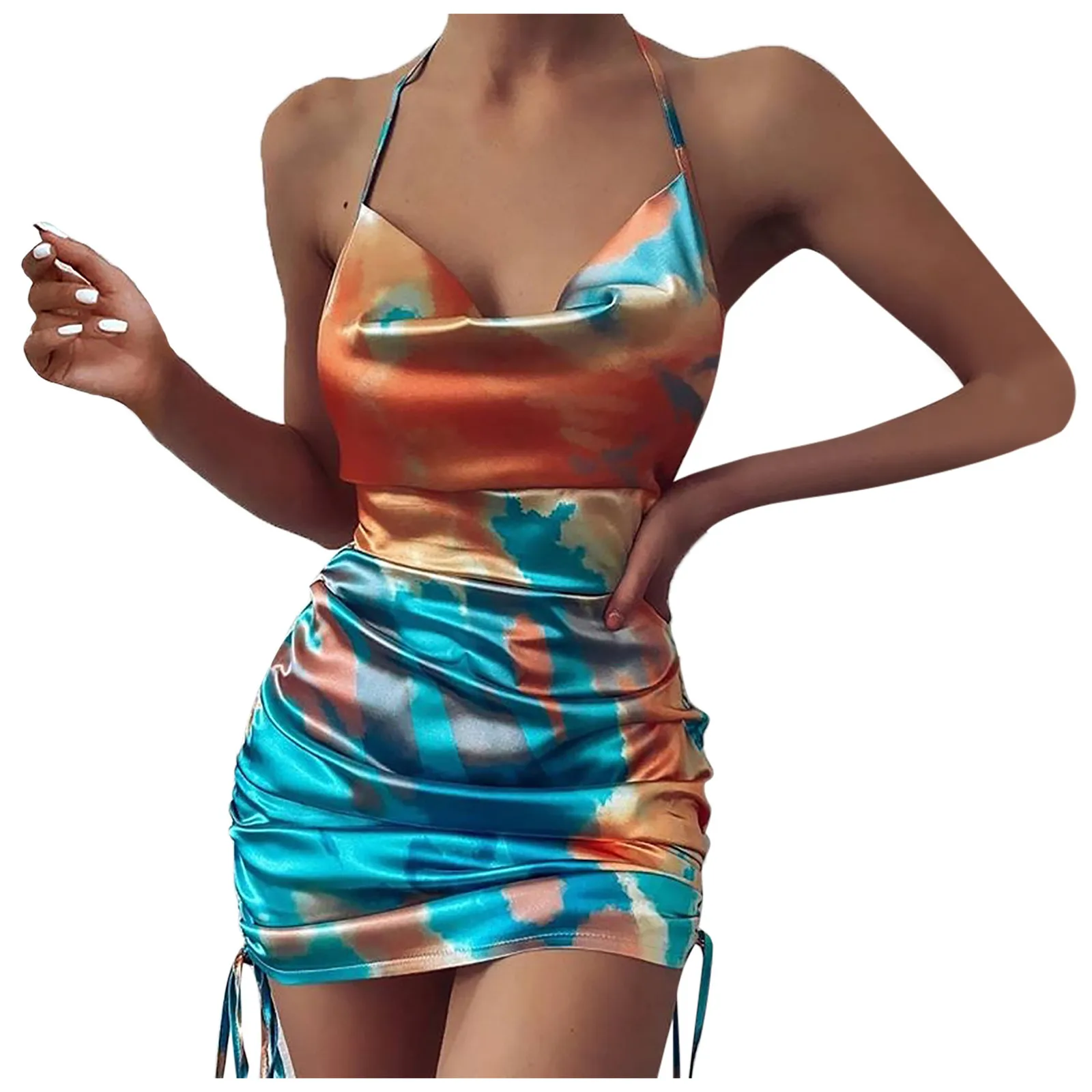 Женское новое модное сексуальное Плиссированное атласное платье на бретельках