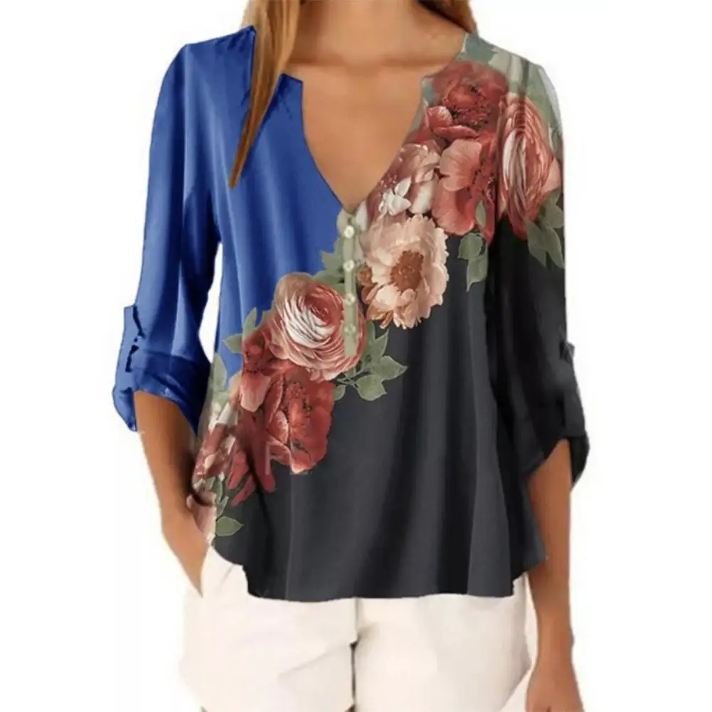 

Vintage Women V Neck Long Sleeve Floral Print Color Block Loose Blouse Top Shirt