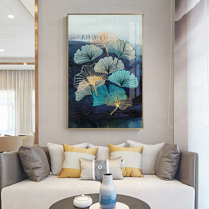 Абстрактный золотой цветок Картина Современный синий плакат печать роскошное