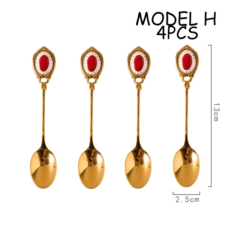 Model H Ложки из нержавеющей стали, инкрустированные керамические кофейные половники, винтажная позолоченная десертная ложка, высококлассные ложки для торта, рождественский подарок, 1 набор - Цвет: Model H