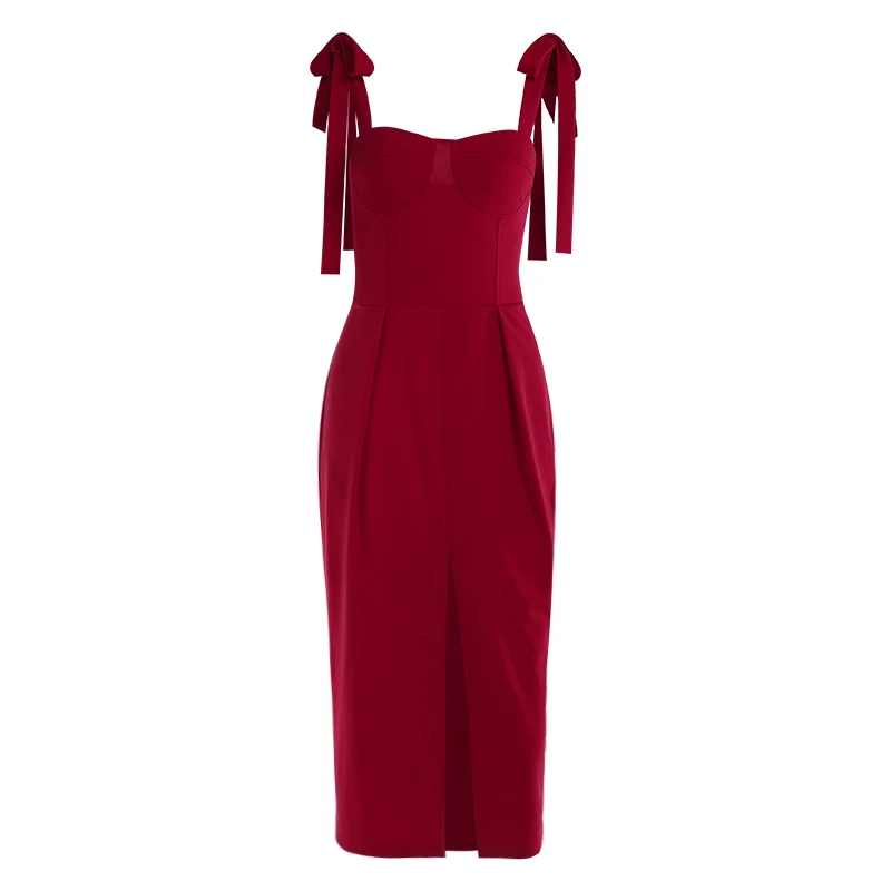

InstaHot Casual Women Dress Split Sexy Vintage Slit Hem Lace Up Tank Dress 2021 Fashion Summer Mid Calf Retro Party Female Dress