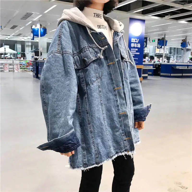 Woherb Весна Harajuku джинсовая ткань оверсайз куртки корейские свободные с капюшоном джинсовые куртки женские хип хоп BF Стиль Уличная длинные пальто