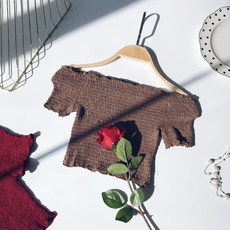 Short Tops Элегантная женская мини-рубашка с вырезом лодочкой, повседневная, милая, женская, короткий рукав, эластичная, высокая талия, тонкая блуза, сексуальная, короткий топ - Цвет: Short Tops