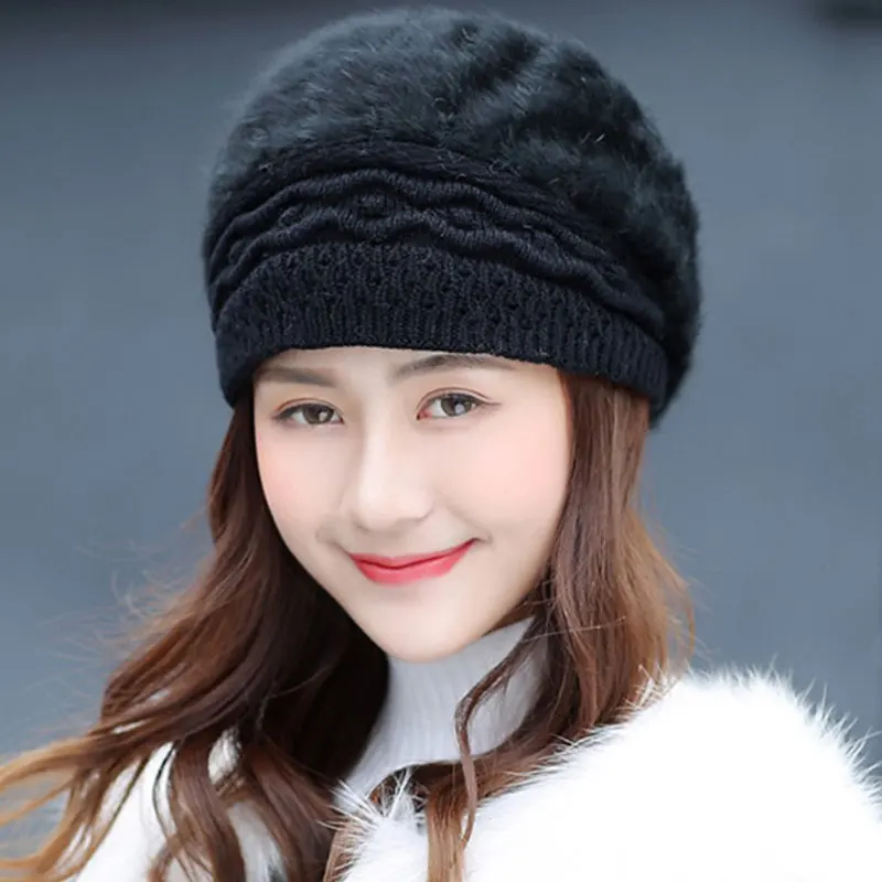 

New Fluffy Knitted Hat for Women Elegant Winter Warm Soft Beanie Caps Ladies Fashion Accessorise Hats Female Dropshipping