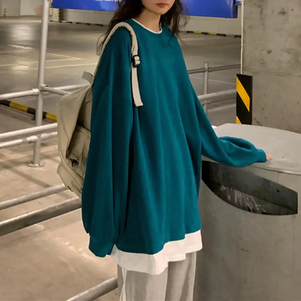 Autumn Fake Two Piece Hoodies Women Long Sleeve O Neck Sweatshirt Pullovers Oversized Women Sweatshirt Loose Hoodies Pullover