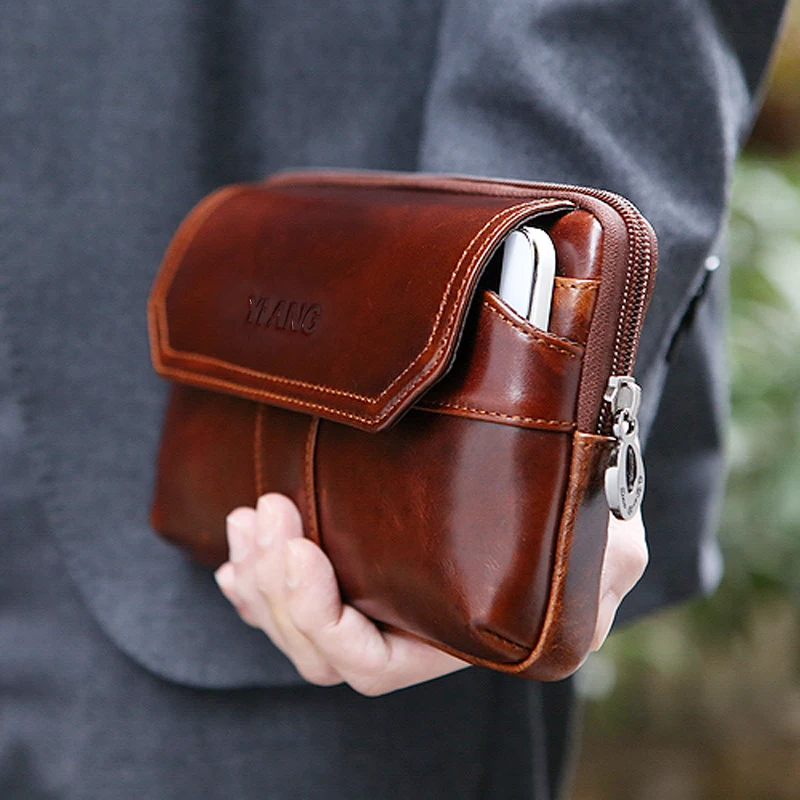 Мужская поясная сумка YIANG маленькая из воловьей кожи с эффектом воска для