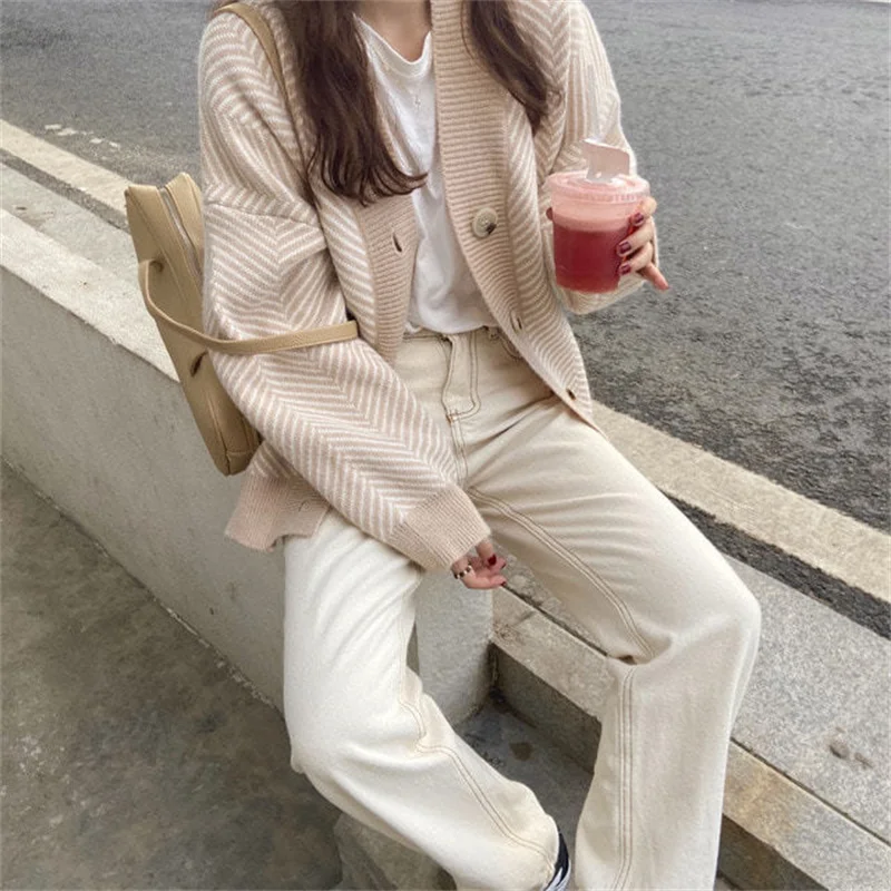 Весенний женский кардиган свитера винтажный полосатый однобортный жакет с