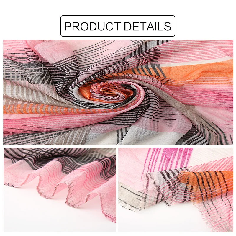 

Striped Polyester Scarf Plaid Print Hijab Shawls and Wraps Hot Selling Long Tassel Female Foulard Large Size Muslim Turban Stole