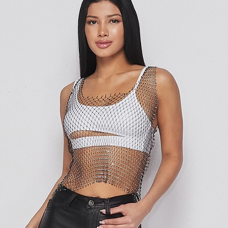 

Блестящий сетчатый топ на бретелях с бриллиантами, сексуальный открытый квадратный воротник, безрукавка, летняя мода, накидка, пляжная одеж...