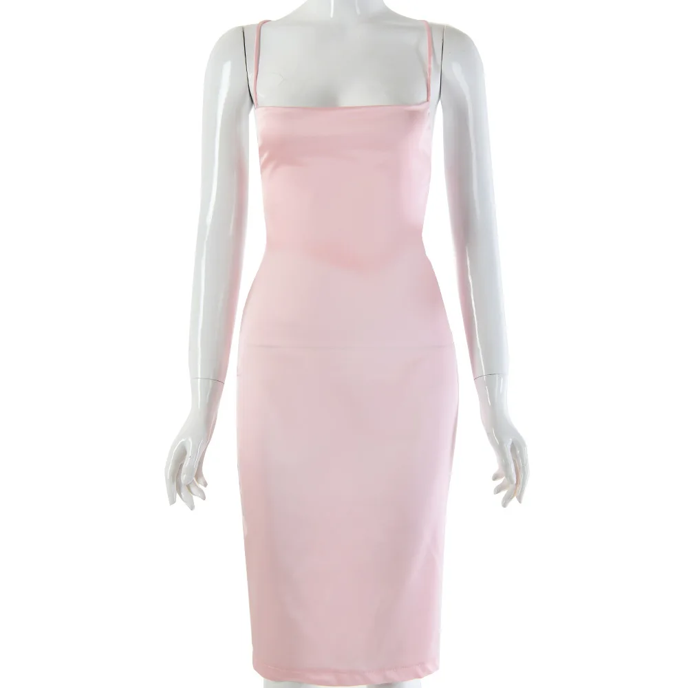 Летнее атласное сексуальное облегающее платье на шнуровке с открытой спиной