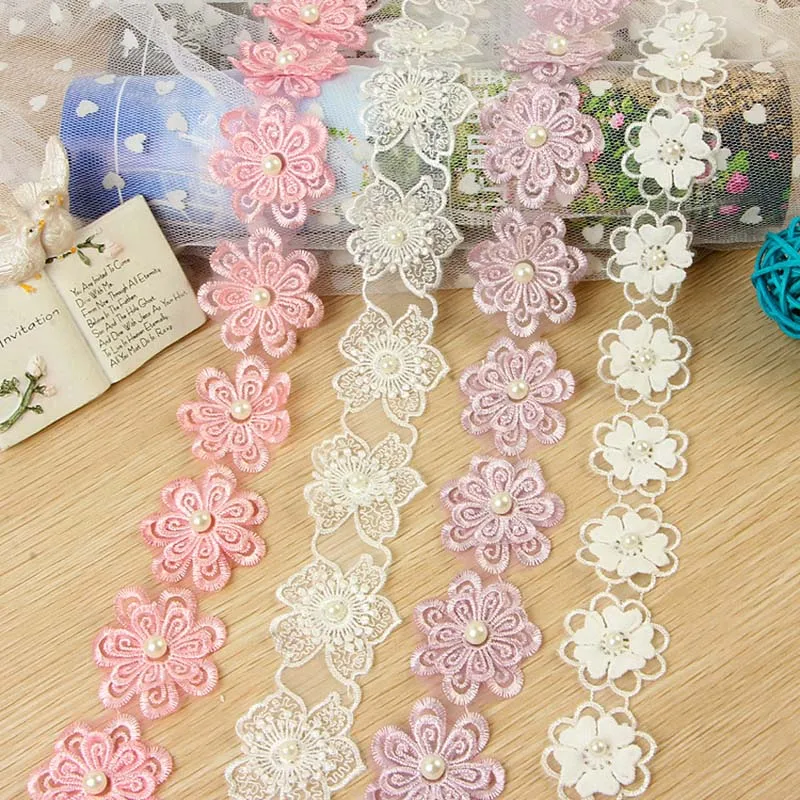 

20Yards 3D Flower Embroidered Lace Trim Pearls Ribbon DIY Purple Pink White Fabric wedding Garment Sewing Craft Accessories