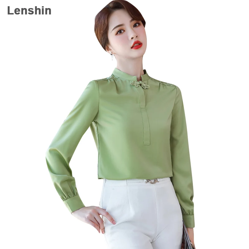 Lenshin Chinese Women Shirt female Full Sleeve Mandarin Collar Simple White Blouse Tops lady Autumn Wear Clothes