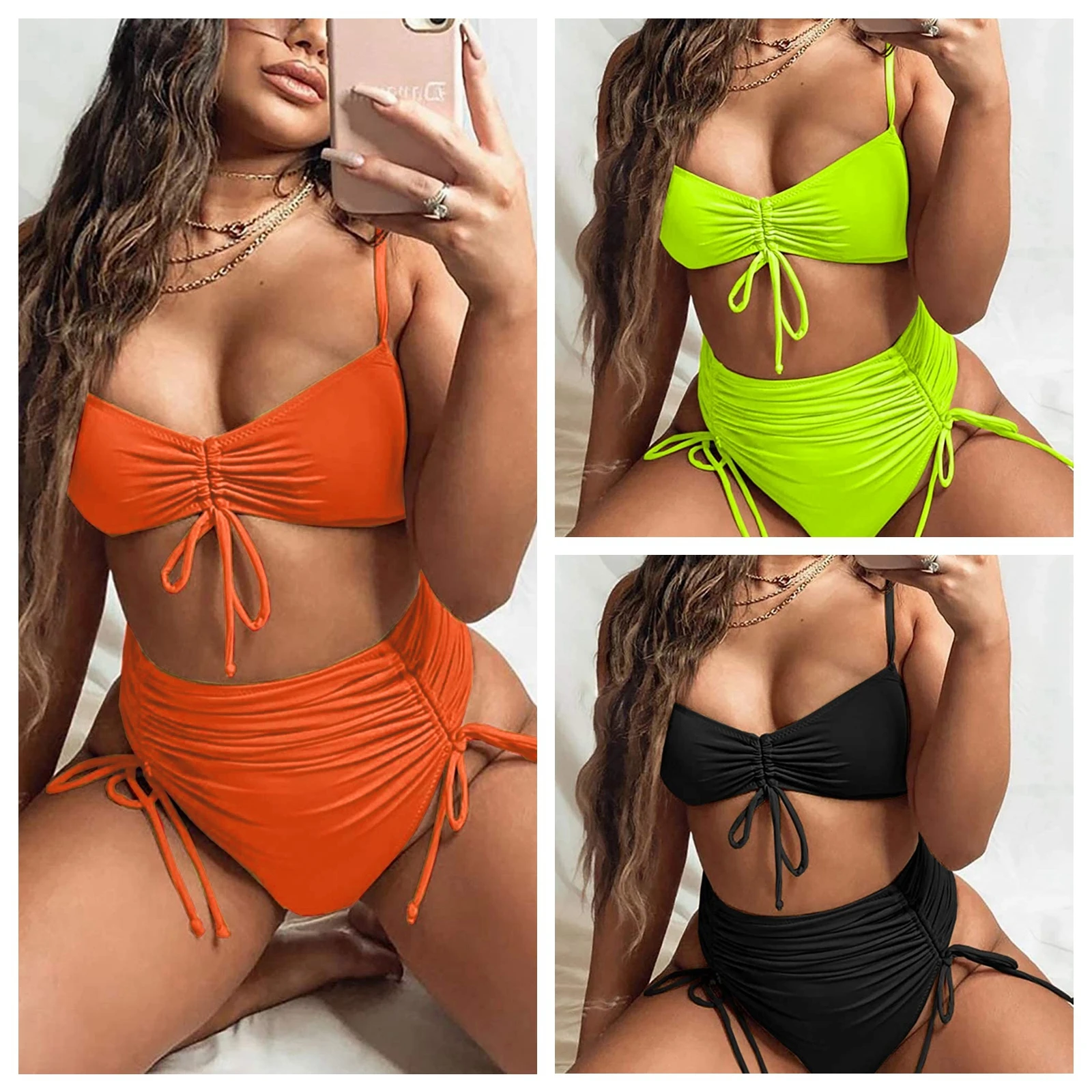 

Women's Solid Color 2Pcs Bikini Suit Pleated Inner Drawstring Low Neck Tank Tops High Waist Thong 2021 Sexy Swimsuit