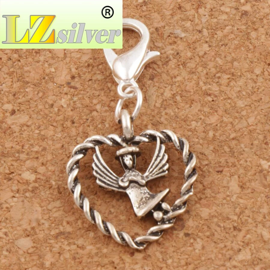 Angel With Wings In Open Heart Lobster Claw Clasp Charm Beads 100PCS Zinc Alloy Jewelry DIY C933 15.9x32mm