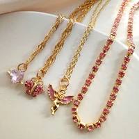 new shiny pink crystal heart butterfly choker necklace for women multilayer fashion angel pendant twisted chain necklace jewelry