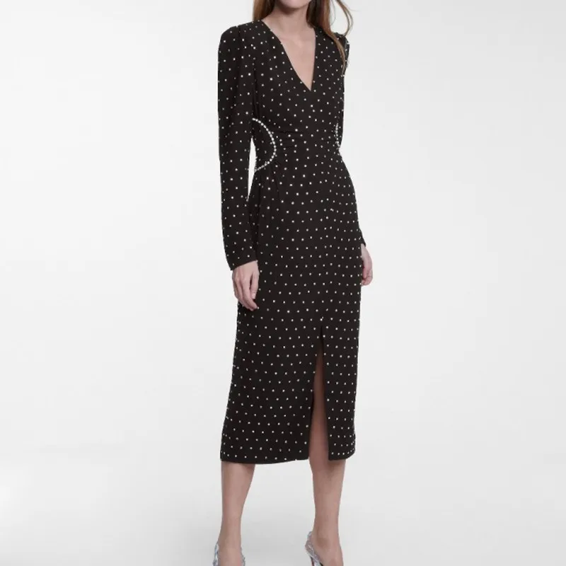

2021 New Arrive Fashion Women Black Diamante Dress V-neck Slim High Quality Female Midi Dress