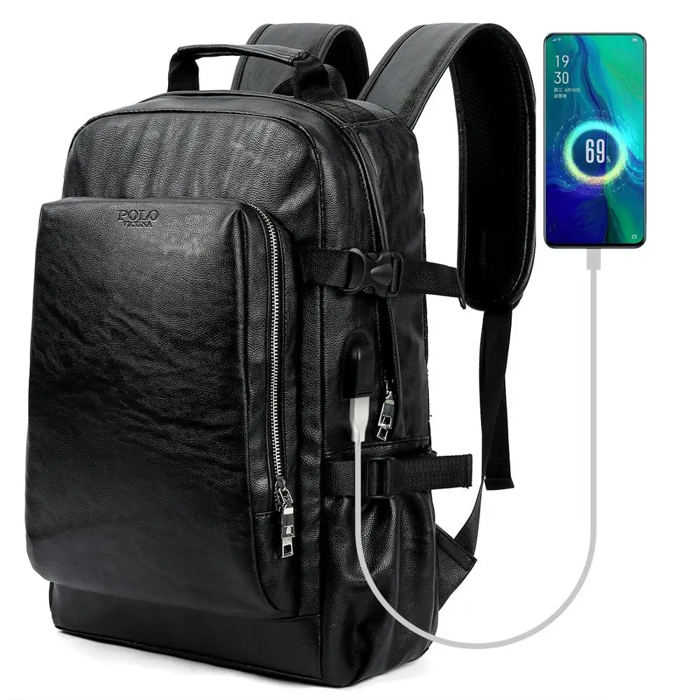 black VICUNA POLO, Одноцветный кожаный мужской рюкзак, сумка с usb зарядкой, Большой Вместительный бизнес рюкзак, высокое качество, школьный повседневный мужской рюкзак - Цвет: black