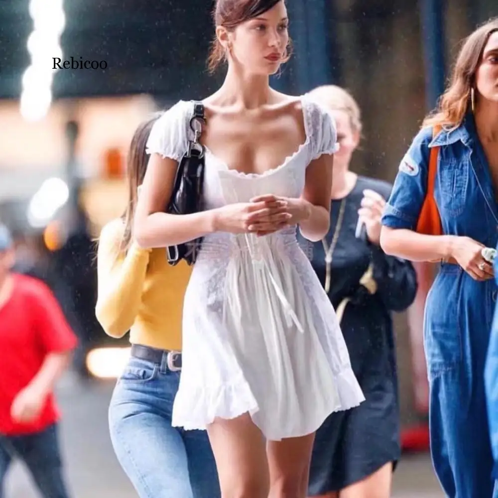 

Vintage Embroidery White Dress Slim Lace Up Ruffles Party Dress vestidos robe femme ete vestidos verano