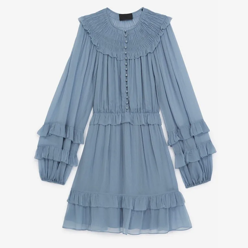 

DEAT Women Black Patchwork Folds Gauze Single Breasted Dress New Round Neck Long Sleeve Loose Fashion Tide Summer 2021 7E0188