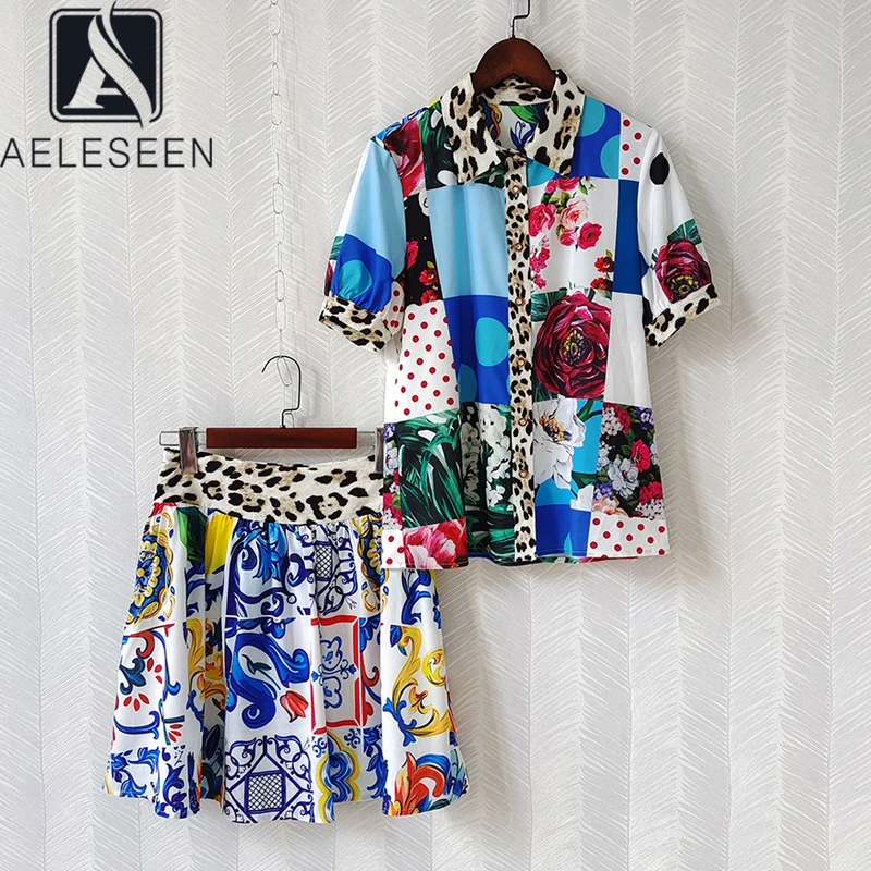 

Дизайнерский Костюм AELESEEN, блузка с коротким рукавом-фонариком и мини-юбка, Леопардовый принт, подиумный комплект из 2 предметов, 2021
