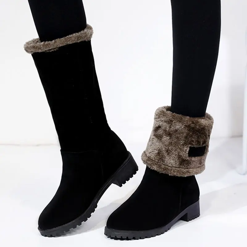 

Two Wearings Snow Boots Woman,Warm Plush Mid Calf Winter Cotton Shoes,Short Boot,Round Toe,Block Heel BLACK,GREY,Dropshipping