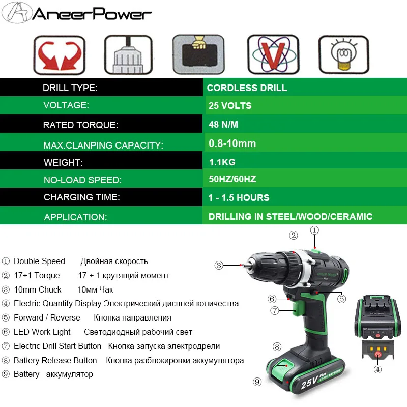 Аккумуляторная дрель 25 в Plus 2 скорости ручная электрическая электрический