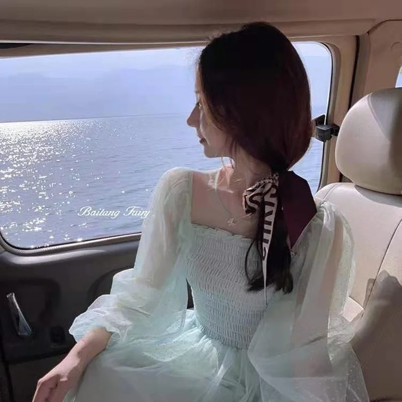 

One Piece Dress Korean Square Collar Elegant Vintage Lace Dress Women Beach Party Fairy Dress Female Kawaii 2021 Summer Chic