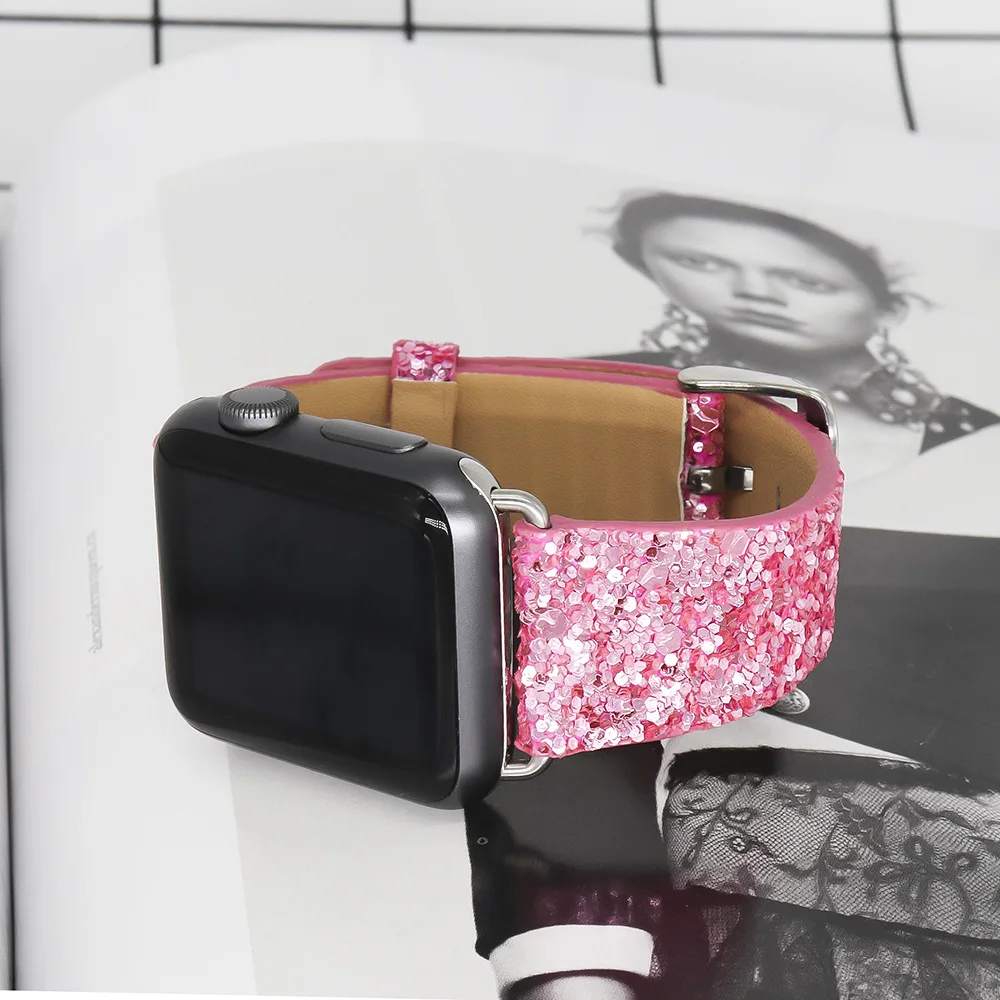 

Shiny Genuine Leather Strap for Apple Watch Band 40mm 44mm for Apple Wtch 4/5 Fashion Strap Bracelet for IWatch 3/2/1