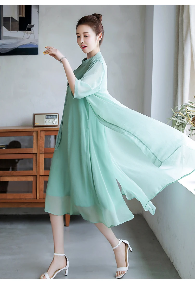 Весна Осень улучшенный Cheongsam 2 шт платье и кардиган свободные большие размеры шифоновые платья милые кисточкой винтажное женское платье