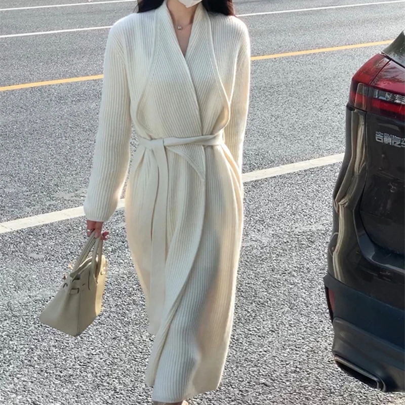 

Женский длинный кардиган с поясом, элегантный вязаный свитер с длинным рукавом, Повседневная Уличная одежда с открытым стежком, весна-осень