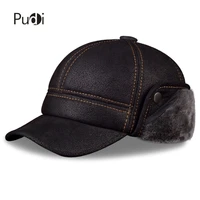 pudi mens scrub genuine leather baseball caps hats faux fur winter warm ear flap hat cap black brown camel hl083