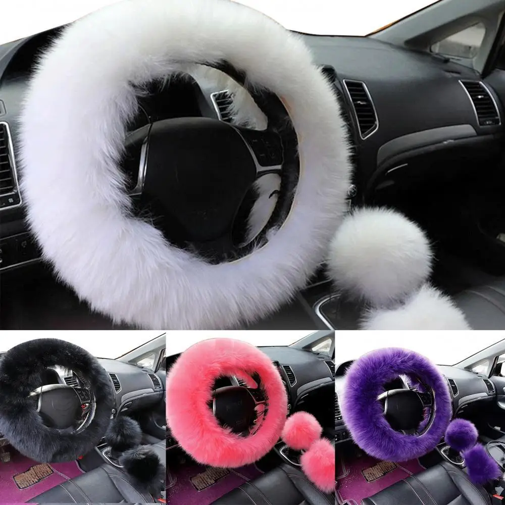 

3Pcs/Set Faux Wool Steering Wheel Gear Shift Rod Brake Fluffy Cover Car Decor