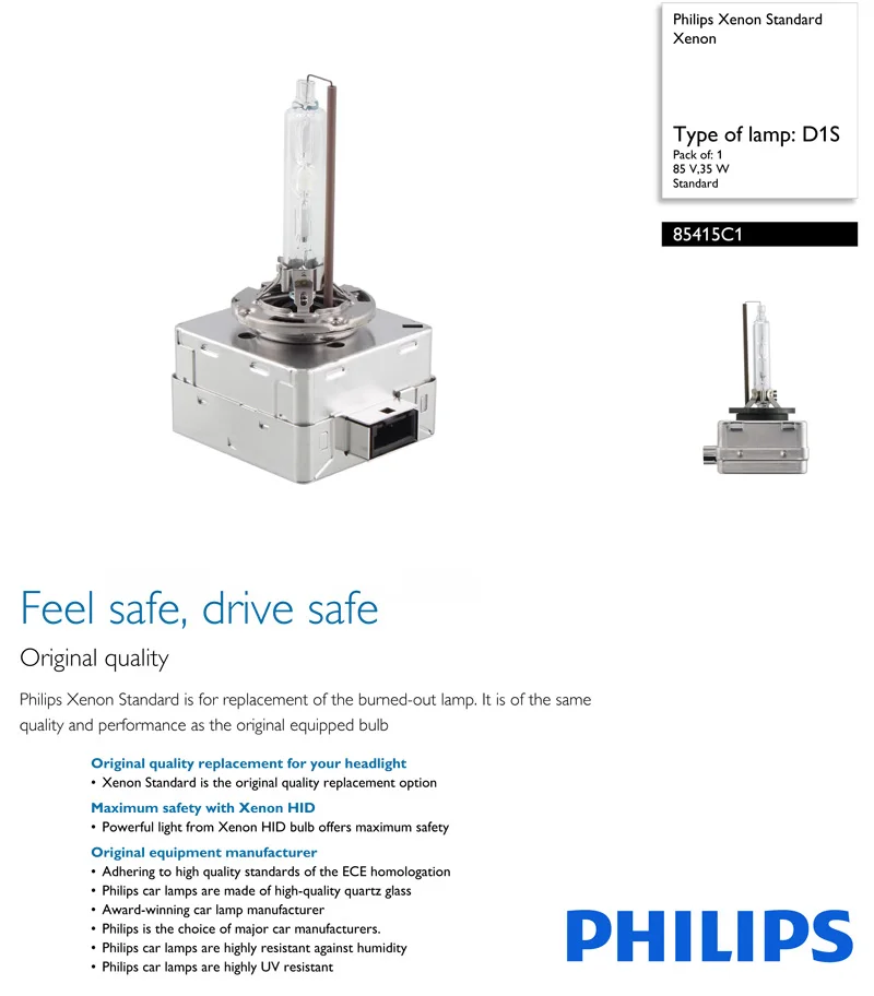 Philips D1S HID 85415 35 Вт ксеноновая стандартная головная лампа 4200 к яркий белый светильник авто лампа ECE одобрить более четкий, 1X