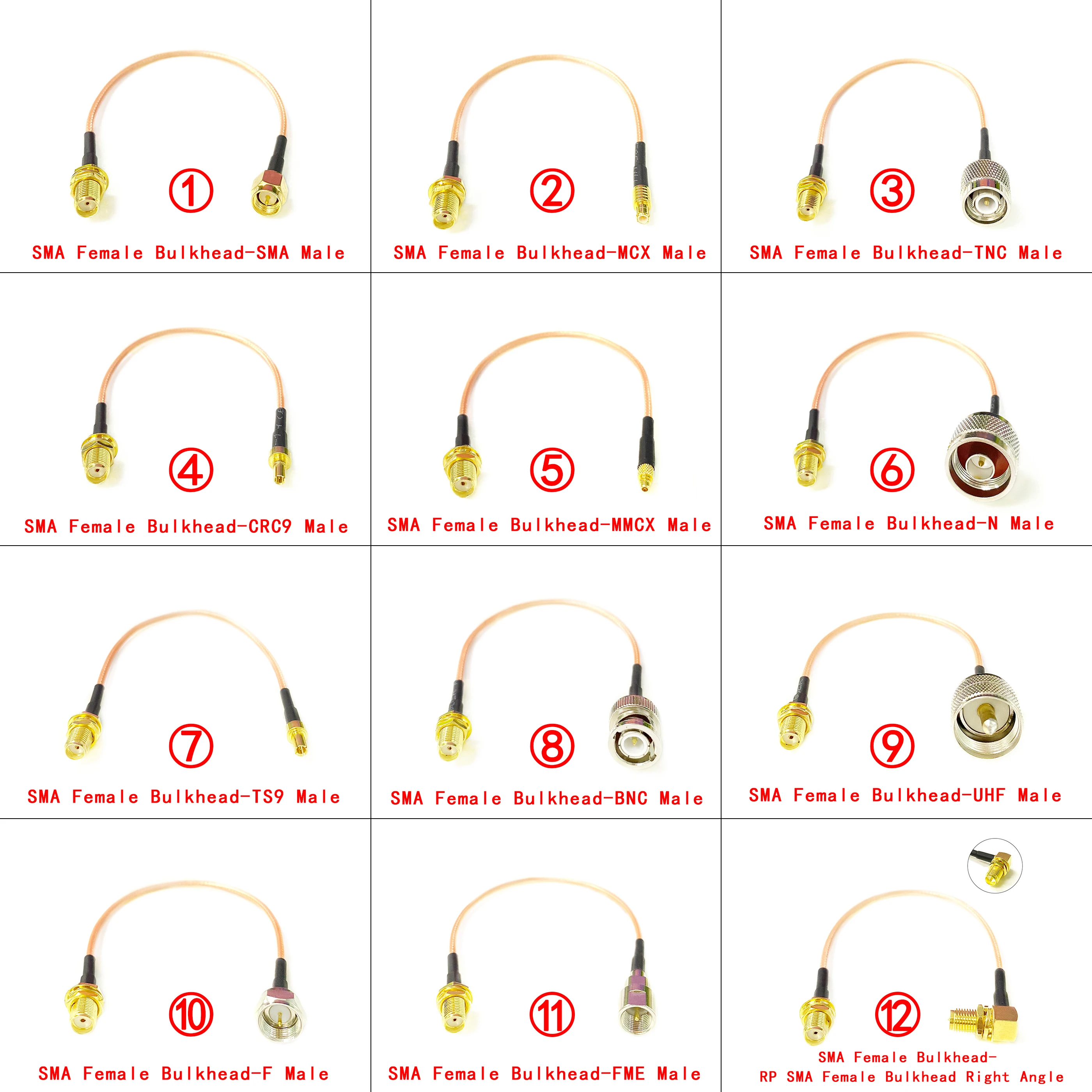 

SMA Female Nut to SMA/MCX/MMCX/CRC9/TS9/N/BNC/TNC/UHF Male Plug Straight Pigtail Cable Adapter RG316 for WiFI Wireless Modem