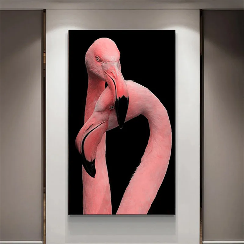 

Cute Flamingo Canvas Painting Black Background Pink Animals Posters Prints Pictures Interior Decoration For Home Nordic Wall Art