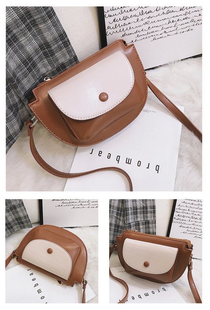 Mododiino Patchwork Saddle Bag Ladies Bag Contrast Color Shoulder Bag Simple Half Moon Women Bag Leather Crossbody Bag DNV1271