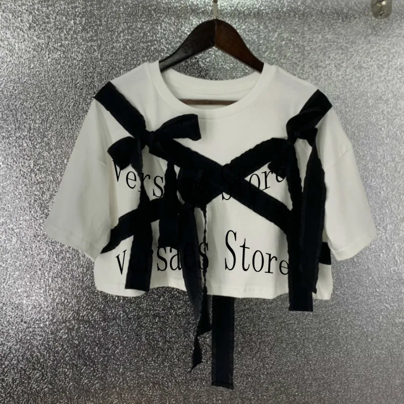 

Женский топ с трехмерным бантом, свободная футболка с коротким рукавом и круглым вырезом, украшенная принтом, 2021