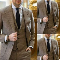 3 piece houndstooth suits custom made men suits british style brown wedding groom tuexdos lapel notched party formal business