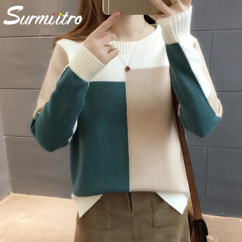 Surmiitro Sweater Women For Winter 2021 Fashion Autumn Patchwork Knitted Long Sleeve Pullover Female Tricot Jumper Pull Femme | Женская